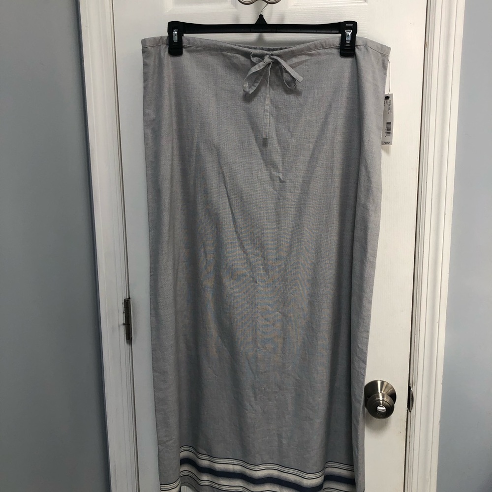 DKNY Pure Maxi Skirt 100% Cotton Large Grey Blue Stripe bottom NWT